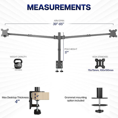 Premium Dual Ultra Wide LCD LED 27 to 38 inch Monitor Desk Mount, Heavy Duty, Adjustable Telescoping Arms, Flush Wall Setup, Fits 2 Screens, Black, STAND-TS38C