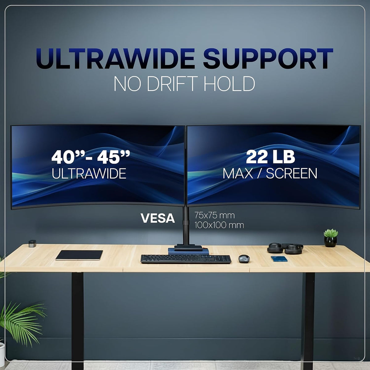 Premium Dual Ultra Wide LCD LED 27 to 38 inch Monitor Desk Mount, Heavy Duty, Adjustable Telescoping Arms, Flush Wall Setup, Fits 2 Screens, Black, STAND-TS38C