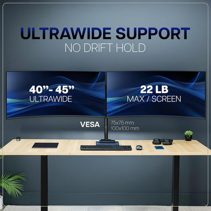 Premium Dual Ultra Wide LCD LED 27 to 38 inch Monitor Desk Mount, Heavy Duty, Adjustable Telescoping Arms, Flush Wall Setup, Fits 2 Screens, Black, STAND-TS38C