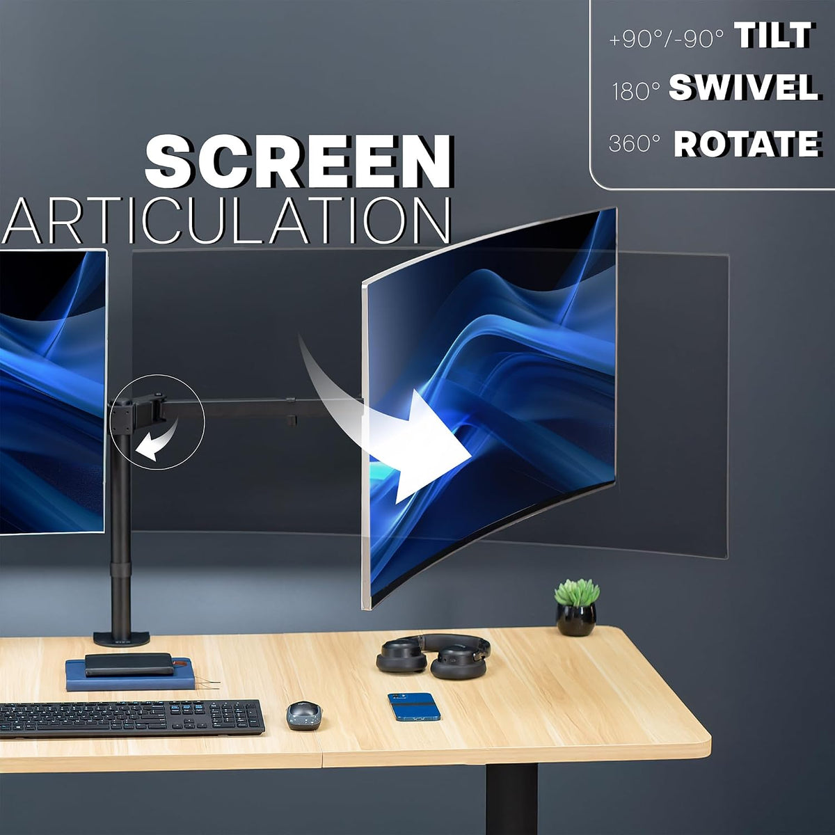 Premium Dual Ultra Wide LCD LED 27 to 38 inch Monitor Desk Mount, Heavy Duty, Adjustable Telescoping Arms, Flush Wall Setup, Fits 2 Screens, Black, STAND-TS38C