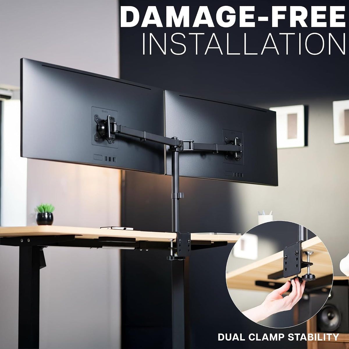 Premium Dual Ultra Wide LCD LED 27 to 38 inch Monitor Desk Mount, Heavy Duty, Adjustable Telescoping Arms, Flush Wall Setup, Fits 2 Screens, Black, STAND-TS38C