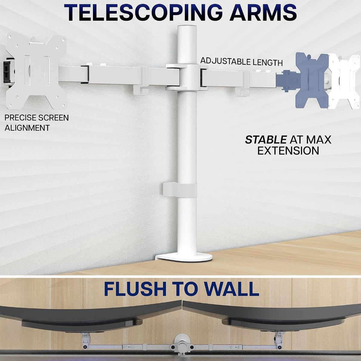 Premium Dual Ultra Wide LCD LED 27 to 38 inch Monitor Desk Mount, Heavy Duty, Adjustable Telescoping Arms, Flush Wall Setup, Fits 2 Screens, Black, STAND-TS38C