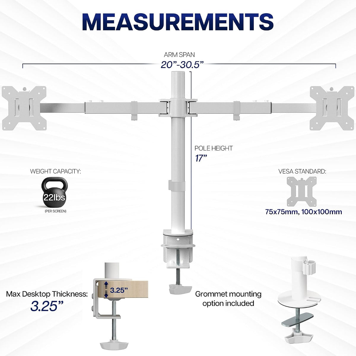 Premium Dual Ultra Wide LCD LED 27 to 38 inch Monitor Desk Mount, Heavy Duty, Adjustable Telescoping Arms, Flush Wall Setup, Fits 2 Screens, Black, STAND-TS38C