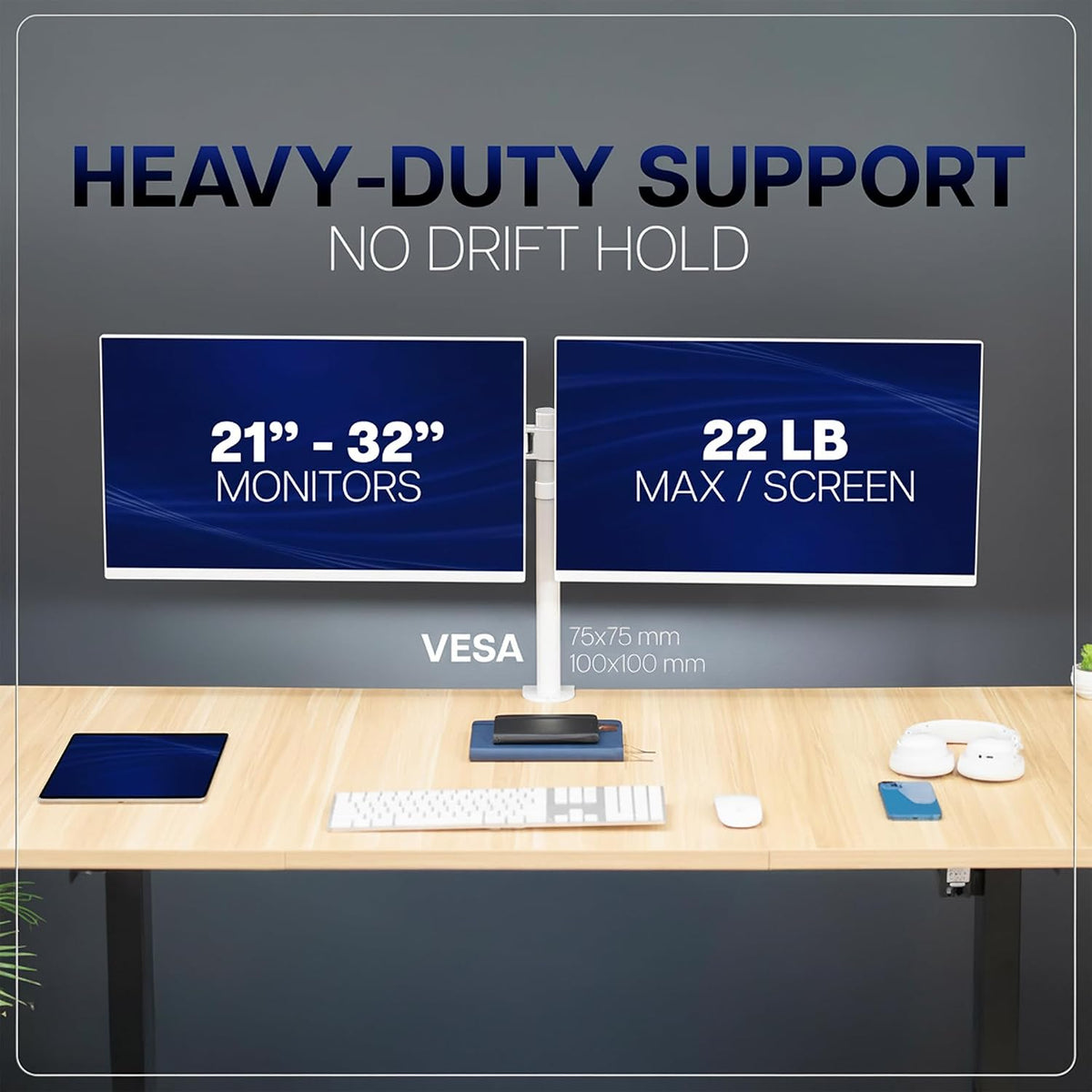 Premium Dual Ultra Wide LCD LED 27 to 38 inch Monitor Desk Mount, Heavy Duty, Adjustable Telescoping Arms, Flush Wall Setup, Fits 2 Screens, Black, STAND-TS38C
