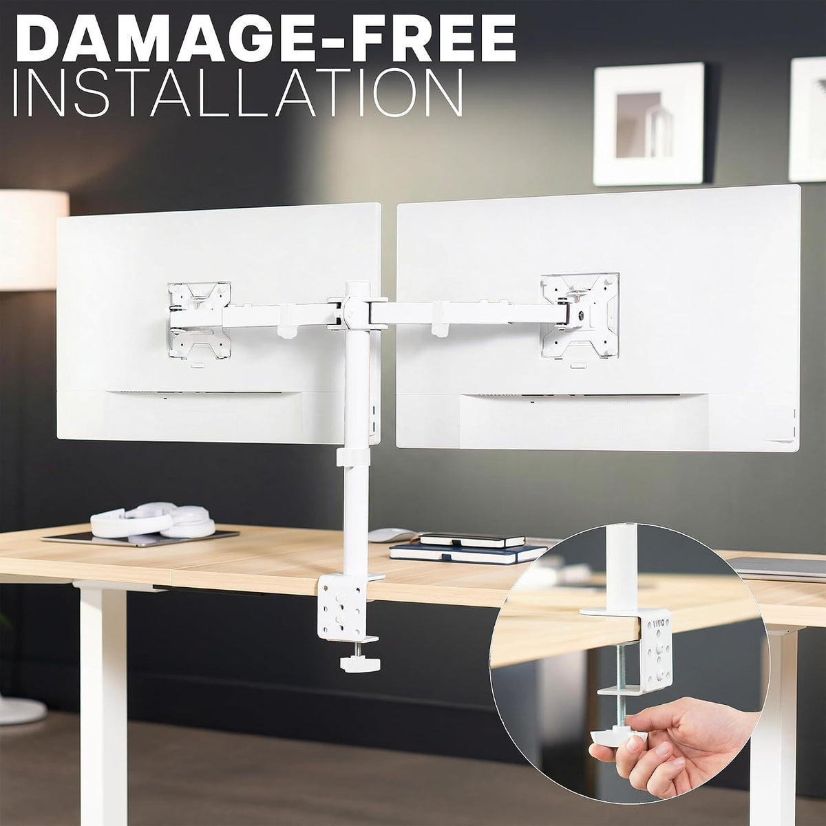 Premium Dual Ultra Wide LCD LED 27 to 38 inch Monitor Desk Mount, Heavy Duty, Adjustable Telescoping Arms, Flush Wall Setup, Fits 2 Screens, Black, STAND-TS38C