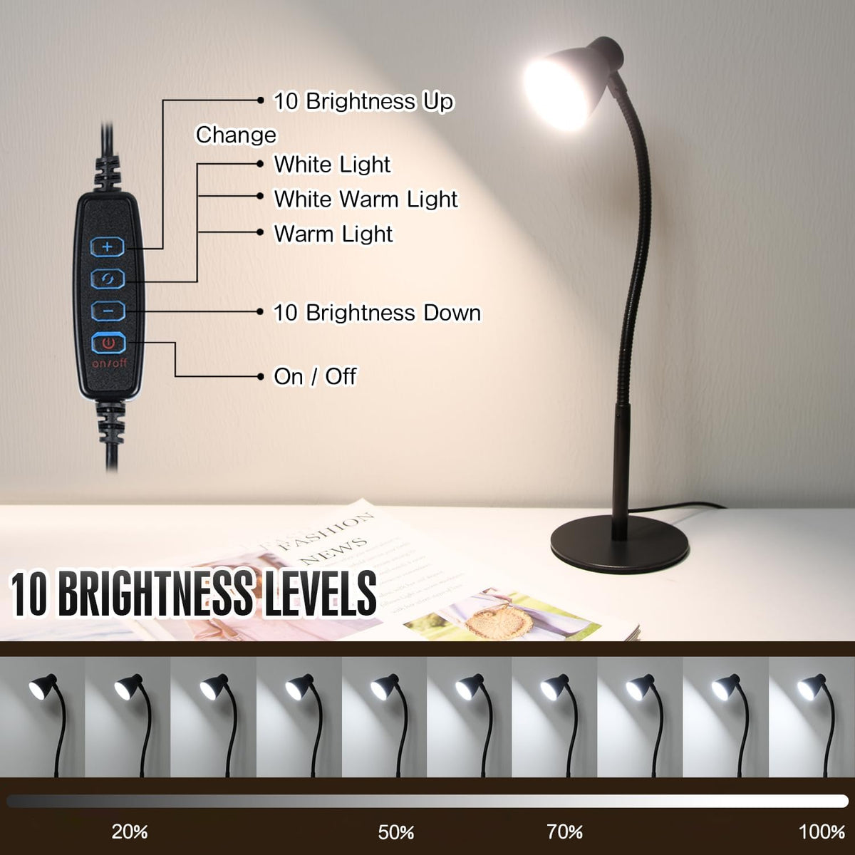 Small Dimmable Gooseneck LED Desk Lamp for Home Office, CRI 90+ Eye-Caring Reading Light, Adjustable Brightness, Perfect for Study Desk (Adapter Included)