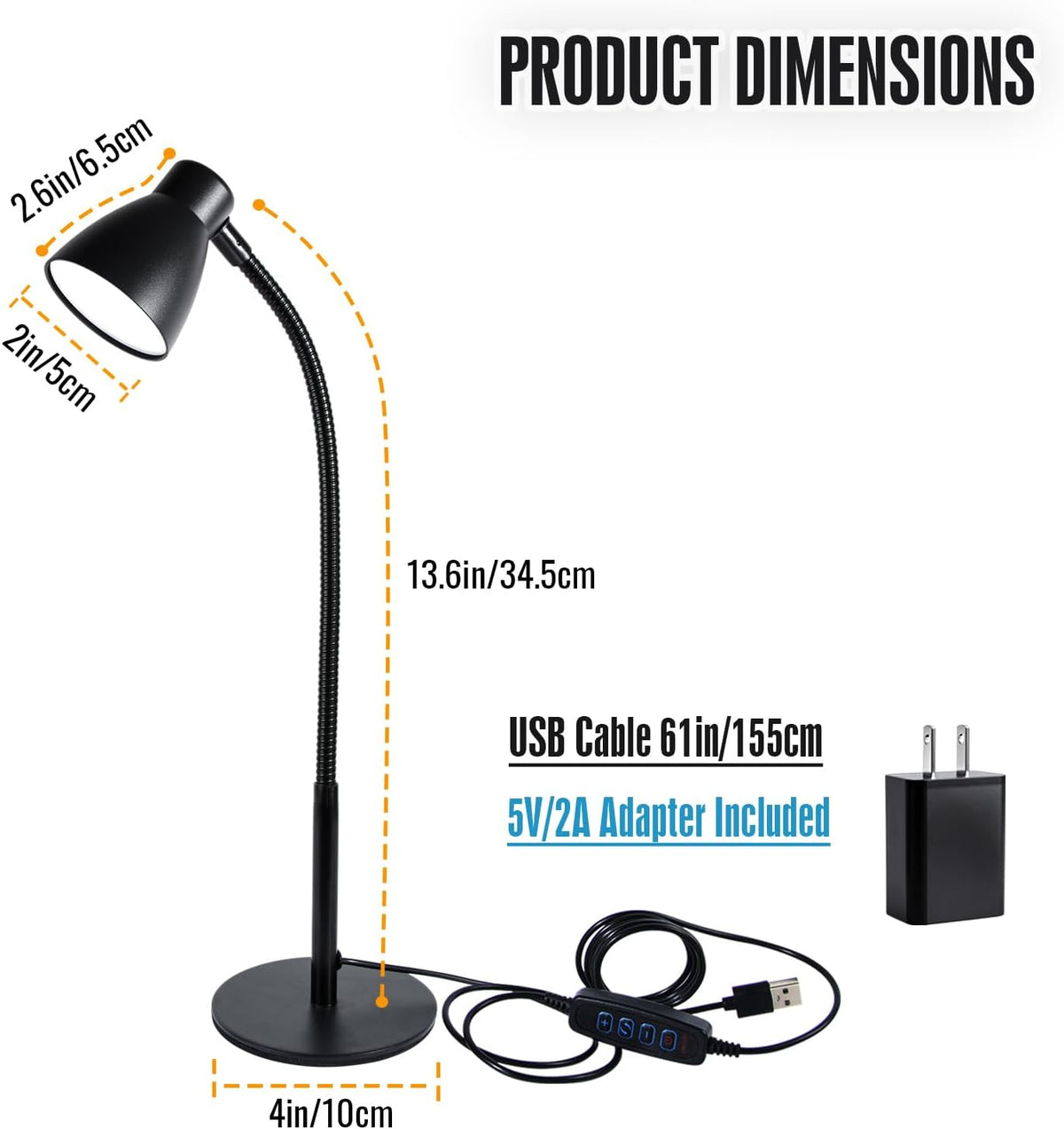 Small Dimmable Gooseneck LED Desk Lamp for Home Office, CRI 90+ Eye-Caring Reading Light, Adjustable Brightness, Perfect for Study Desk (Adapter Included)