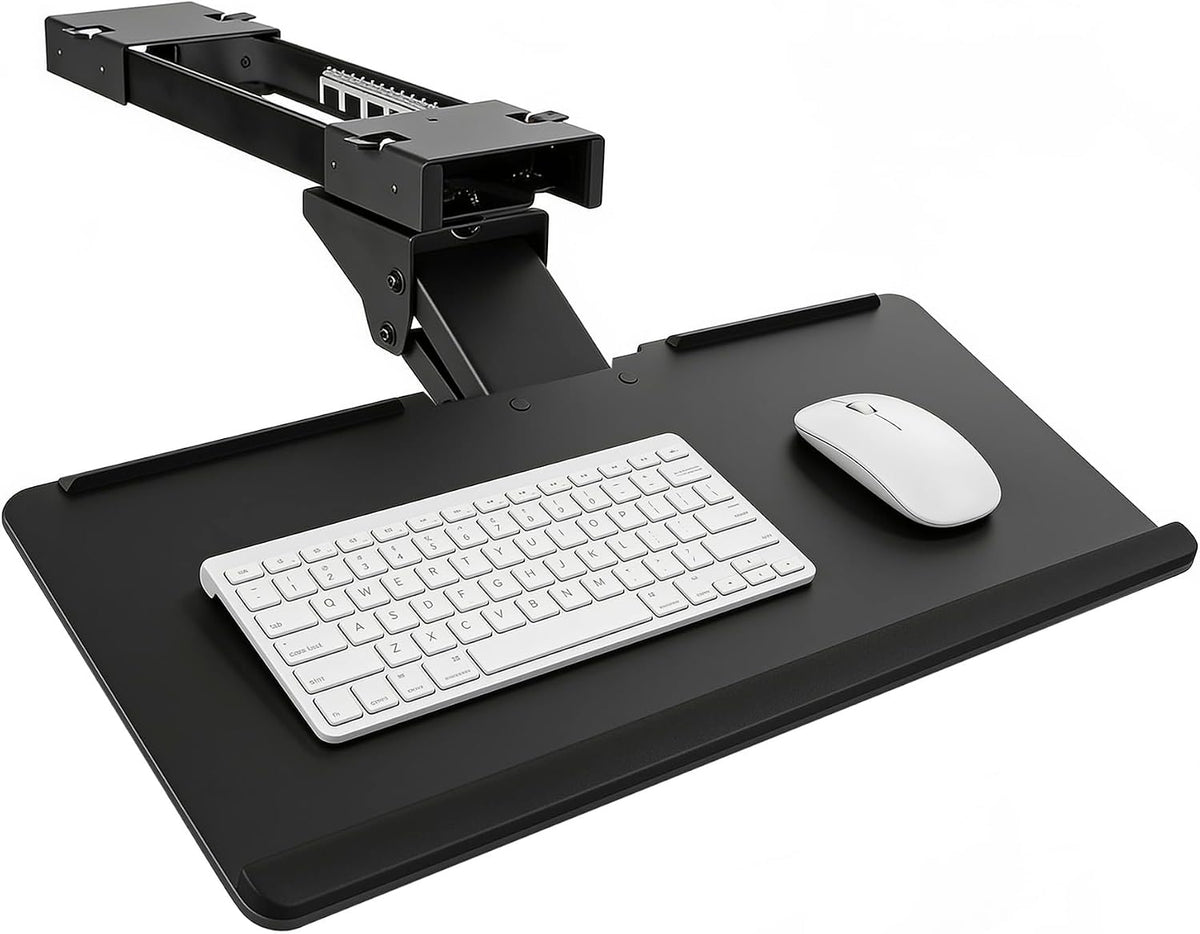 ! Keyboard Tray Under Desk, Full Motion Computer Keyboard and Mouse Tray, Slide Out Ergonomic Keyboard Drawer with Gel Wrist Pad, 26" Wide, Tilt, Swivel and Height Adjustment, Black