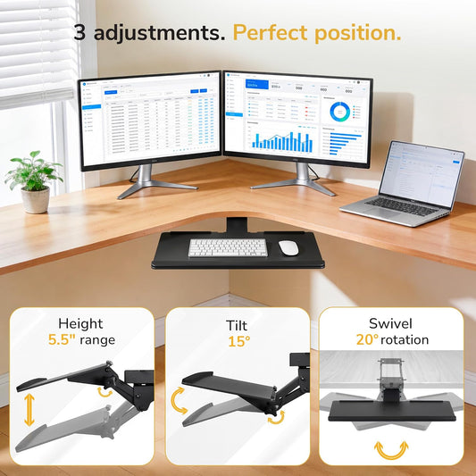 ! Keyboard Tray Under Desk, Full Motion Computer Keyboard and Mouse Tray, Slide Out Ergonomic Keyboard Drawer with Gel Wrist Pad, 26" Wide, Tilt, Swivel and Height Adjustment, Black