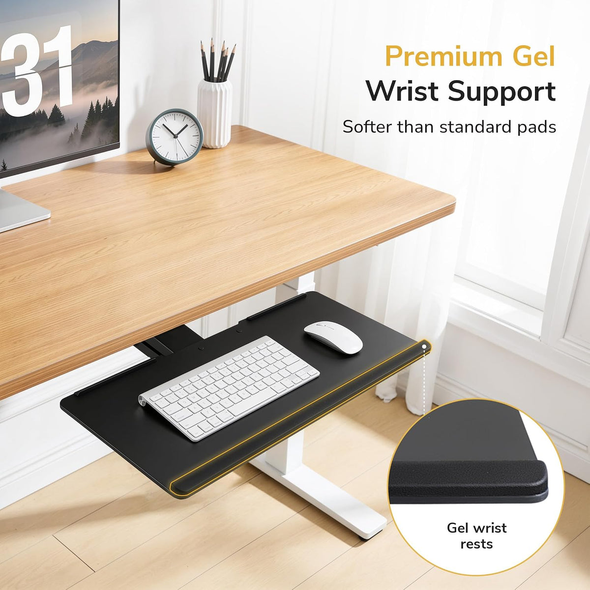 ! Keyboard Tray Under Desk, Full Motion Computer Keyboard and Mouse Tray, Slide Out Ergonomic Keyboard Drawer with Gel Wrist Pad, 26" Wide, Tilt, Swivel and Height Adjustment, Black