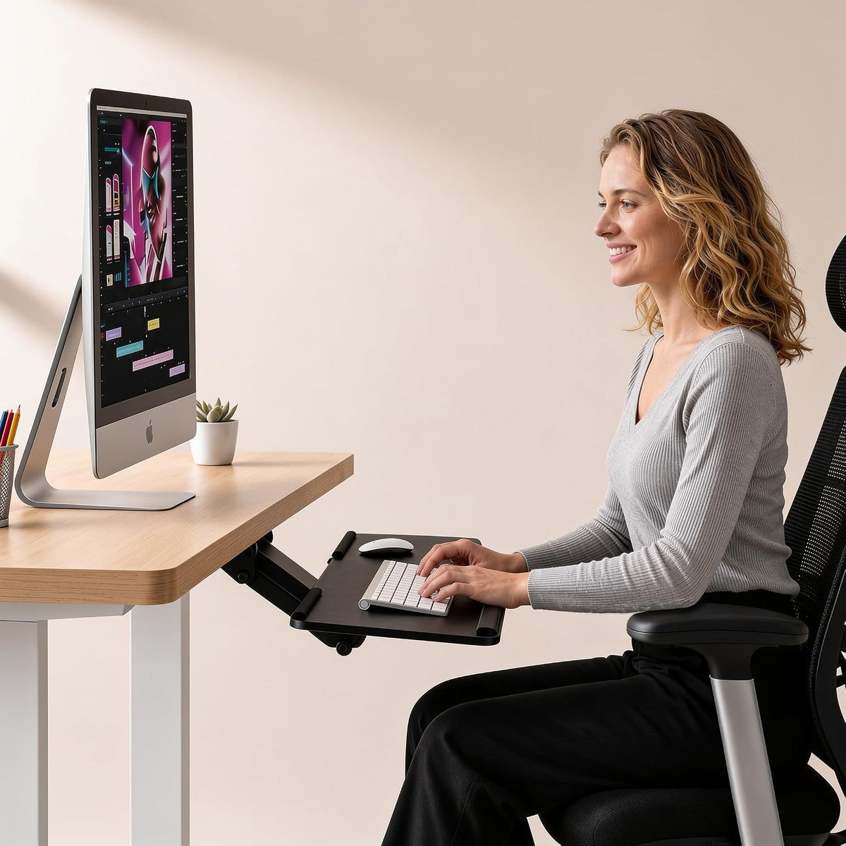! Keyboard Tray Under Desk, Full Motion Computer Keyboard and Mouse Tray, Slide Out Ergonomic Keyboard Drawer with Gel Wrist Pad, 26" Wide, Tilt, Swivel and Height Adjustment, Black