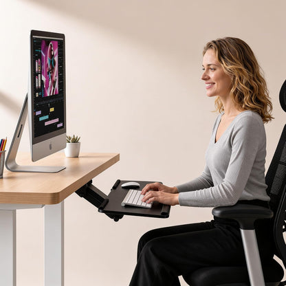 ! Keyboard Tray Under Desk, Full Motion Computer Keyboard and Mouse Tray, Slide Out Ergonomic Keyboard Drawer with Gel Wrist Pad, 26" Wide, Tilt, Swivel and Height Adjustment, Black