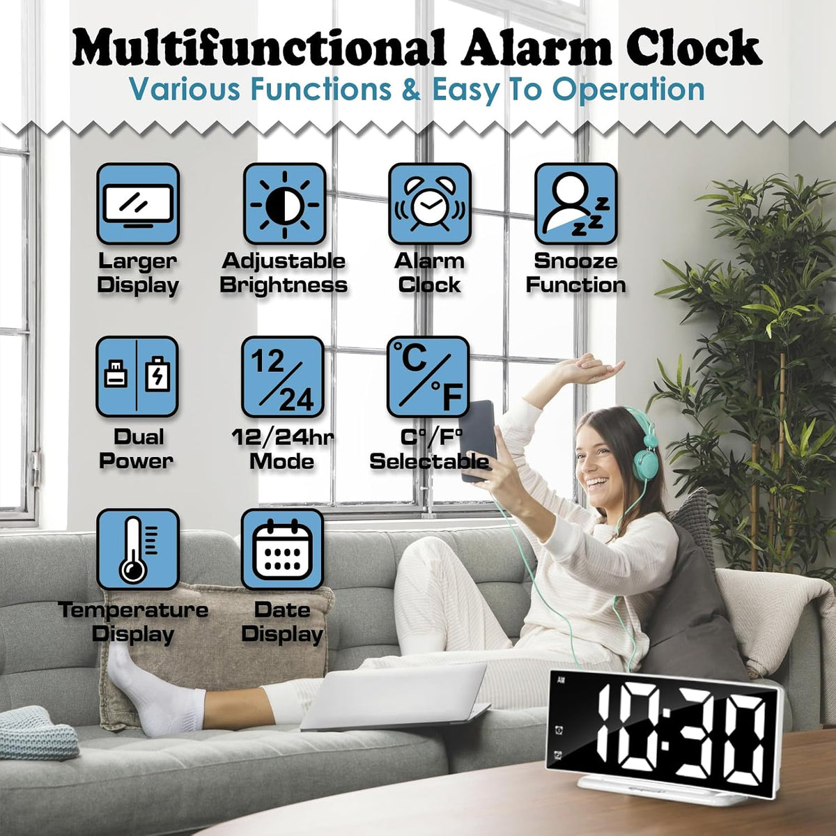LED Digital Alarm Clock for Bedroom, Black