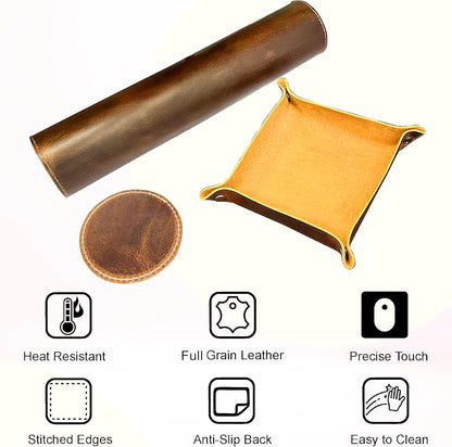 Leather Desk Mat Set (32x16) - Full Grain Large Computer Gaming Mouse Pad
