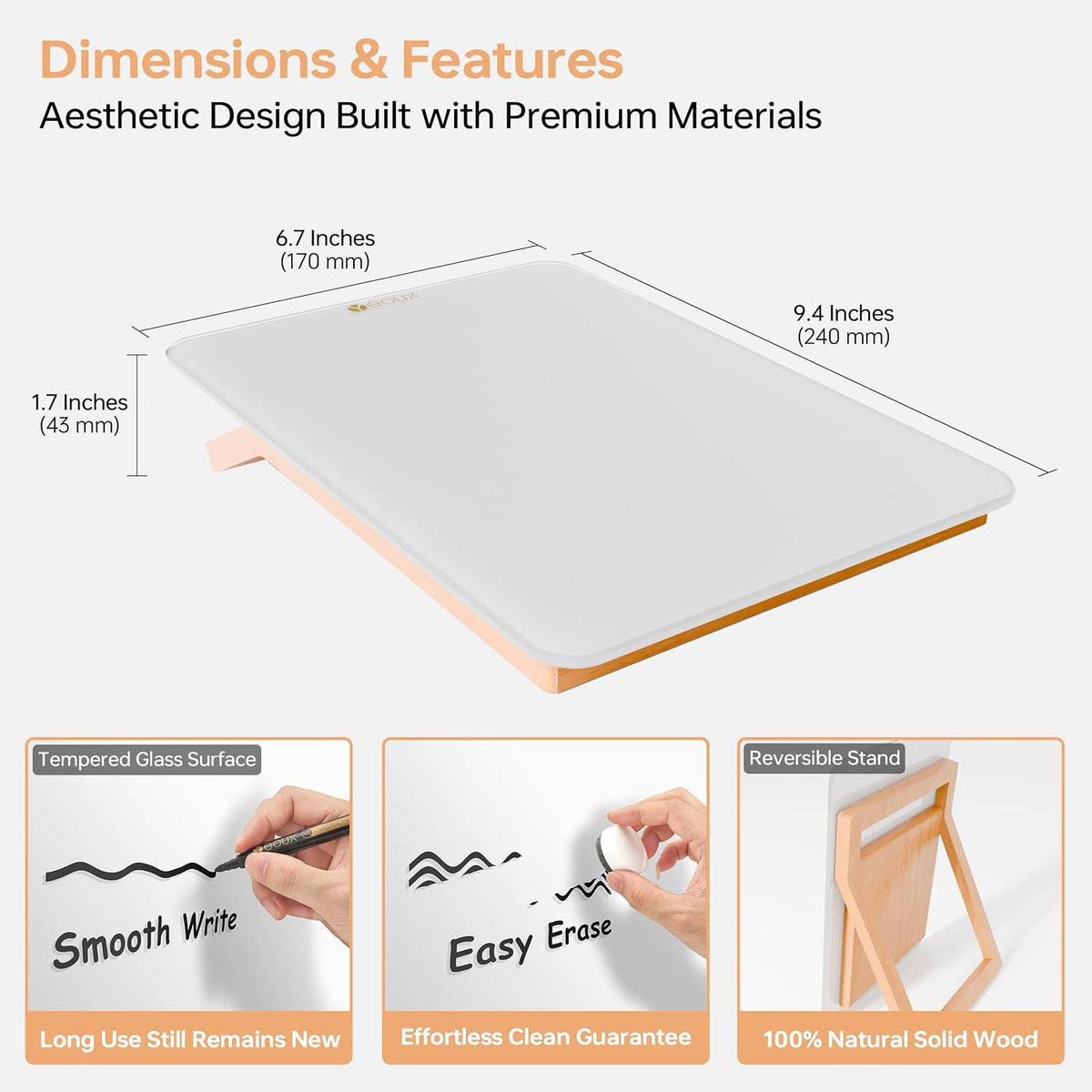 Desktop Glass Whiteboard with Reversible Wood Stand 9.5"x6.7"
