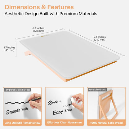 Desktop Glass Whiteboard with Reversible Wood Stand 9.5"x6.7"