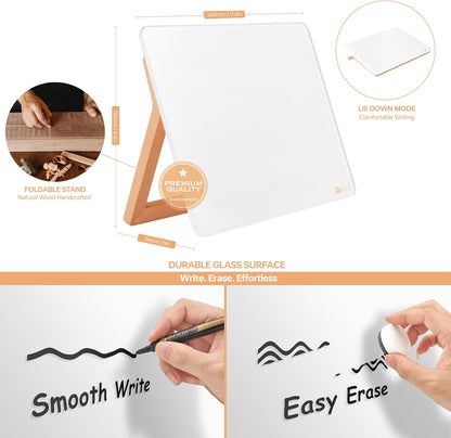 Desktop Glass Whiteboard with Reversible Wood Stand 9.5"x6.7"