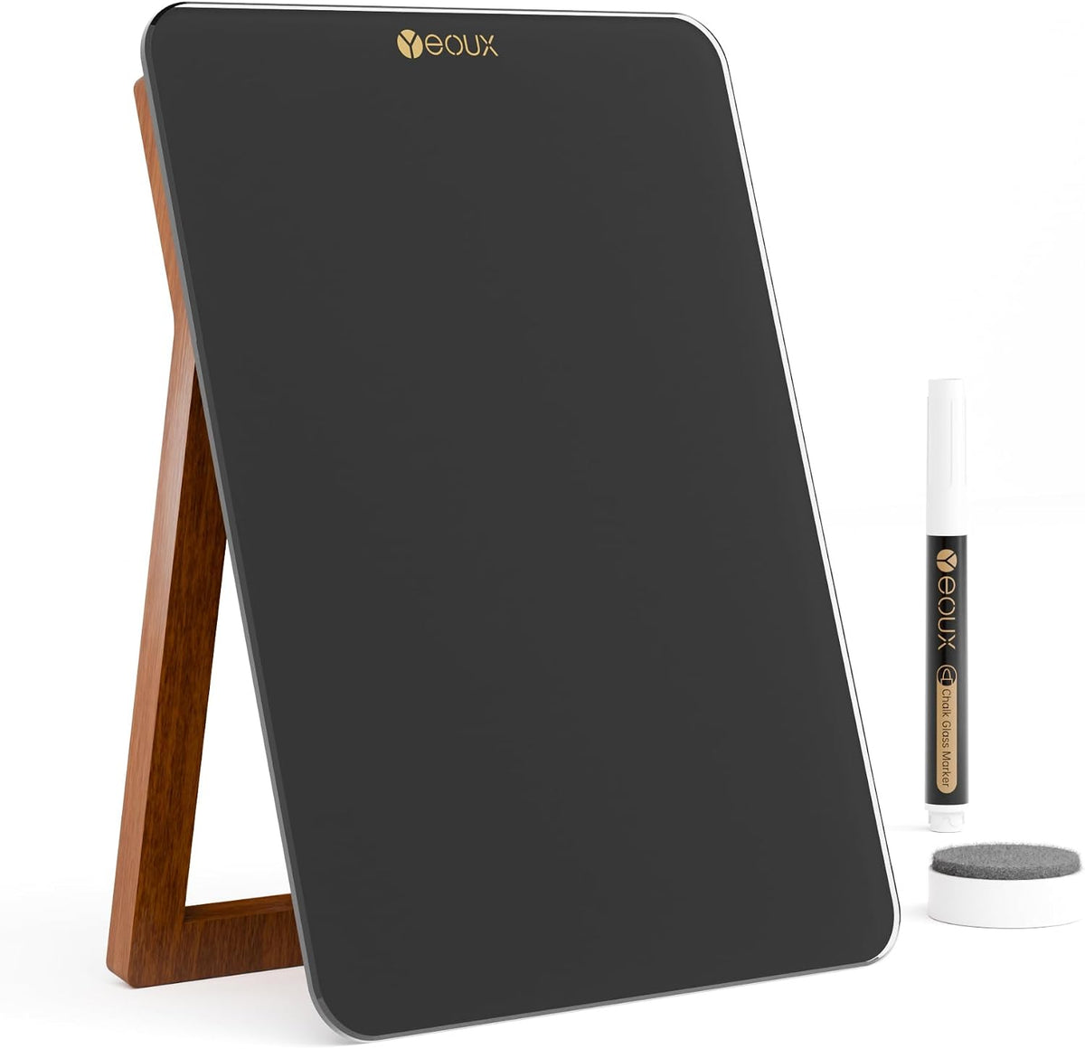 Desktop Glass Whiteboard with Reversible Wood Stand 9.5"x6.7"