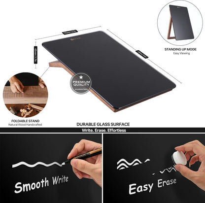 Desktop Glass Whiteboard with Reversible Wood Stand 9.5"x6.7"
