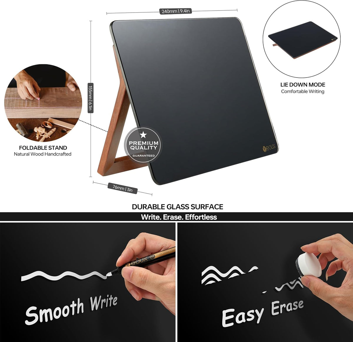 Desktop Glass Whiteboard with Reversible Wood Stand 9.5"x6.7"