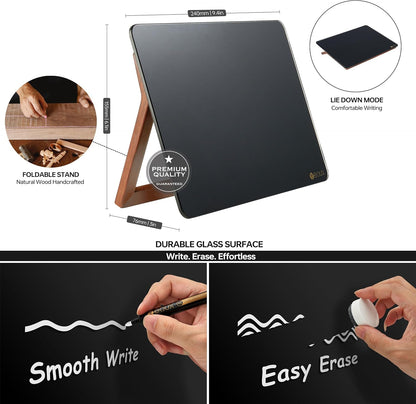 Desktop Glass Whiteboard with Reversible Wood Stand 9.5"x6.7"