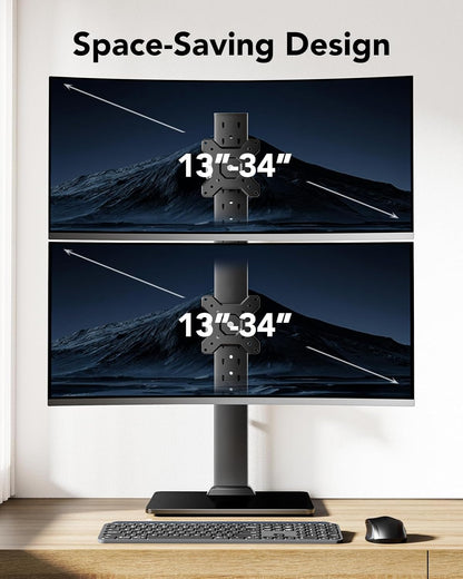 Dual Monitor Stand for 13 to 34 Inch, Max Load 44 lbs, Vertical Monitor Mount, Freestanding Monitor Riser with Swivel, Tilt, Rotation, 13 Height Settings, Max VESA 100x100