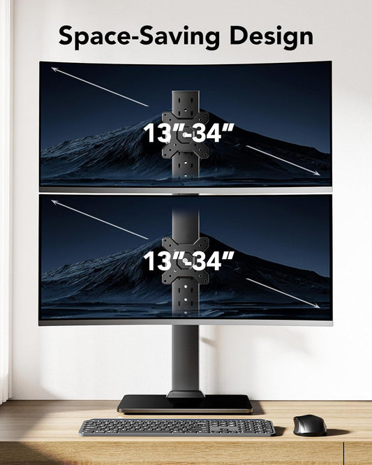 Dual Monitor Stand for 13 to 34 Inch, Max Load 44 lbs, Vertical Monitor Mount, Freestanding Monitor Riser with Swivel, Tilt, Rotation, 13 Height Settings, Max VESA 100x100