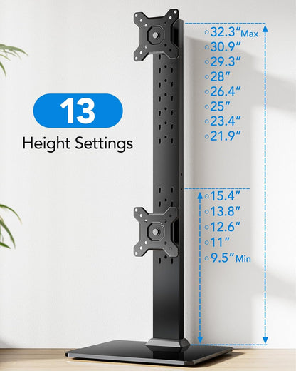 Dual Monitor Stand for 13 to 34 Inch, Max Load 44 lbs, Vertical Monitor Mount, Freestanding Monitor Riser with Swivel, Tilt, Rotation, 13 Height Settings, Max VESA 100x100