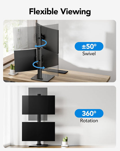 Dual Monitor Stand for 13 to 34 Inch, Max Load 44 lbs, Vertical Monitor Mount, Freestanding Monitor Riser with Swivel, Tilt, Rotation, 13 Height Settings, Max VESA 100x100