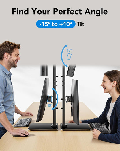 Dual Monitor Stand for 13 to 34 Inch, Max Load 44 lbs, Vertical Monitor Mount, Freestanding Monitor Riser with Swivel, Tilt, Rotation, 13 Height Settings, Max VESA 100x100