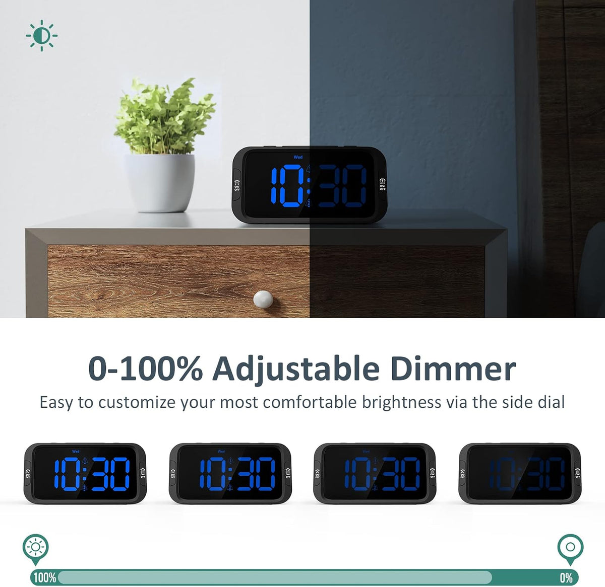 Digital Dual Alarm Clock for Bedroom with 0-100% Dimmable Display