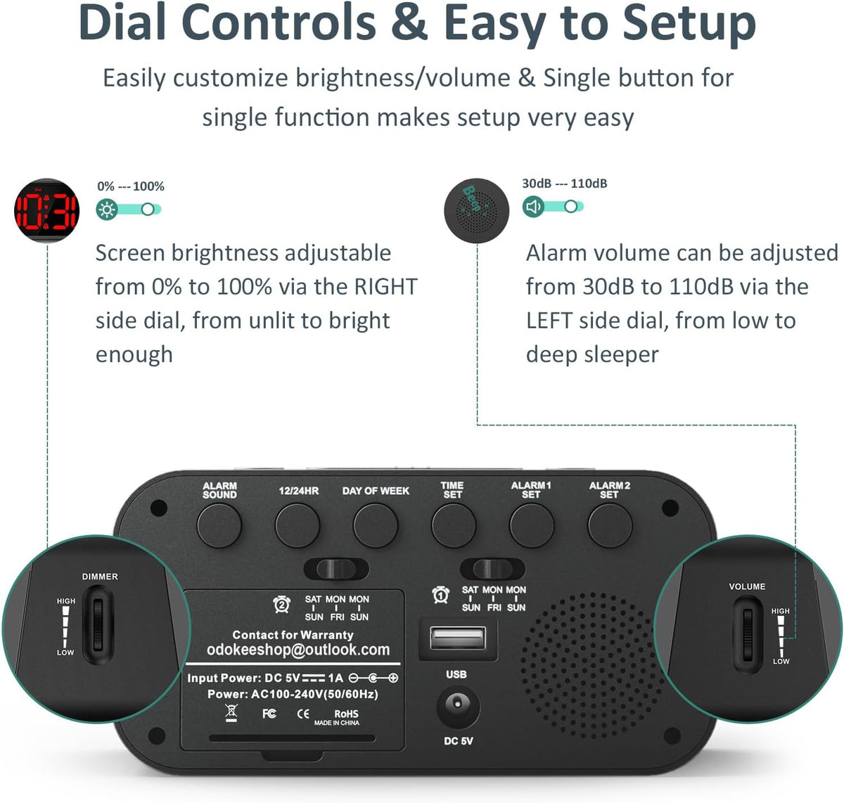 Digital Dual Alarm Clock for Bedroom with 0-100% Dimmable Display