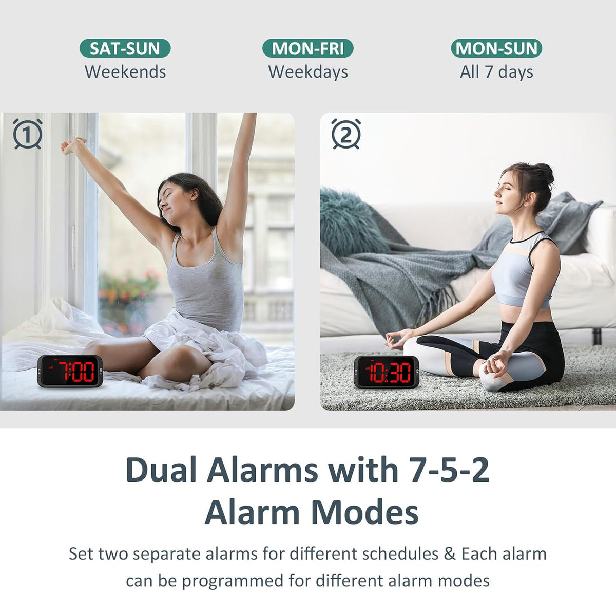 Digital Dual Alarm Clock for Bedroom with 0-100% Dimmable Display