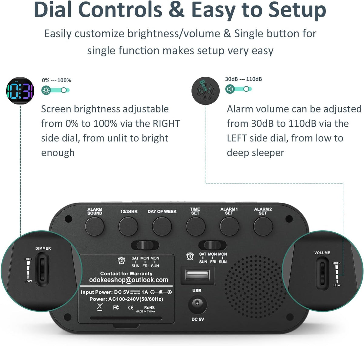 Digital Dual Alarm Clock for Bedroom with 0-100% Dimmable Display