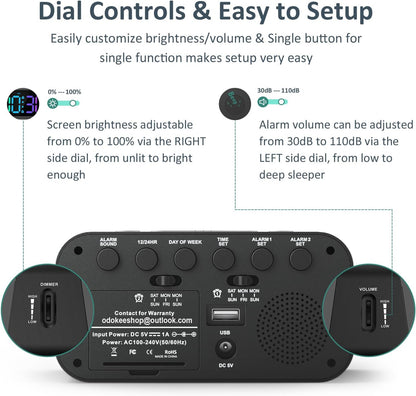 Digital Dual Alarm Clock for Bedroom with 0-100% Dimmable Display