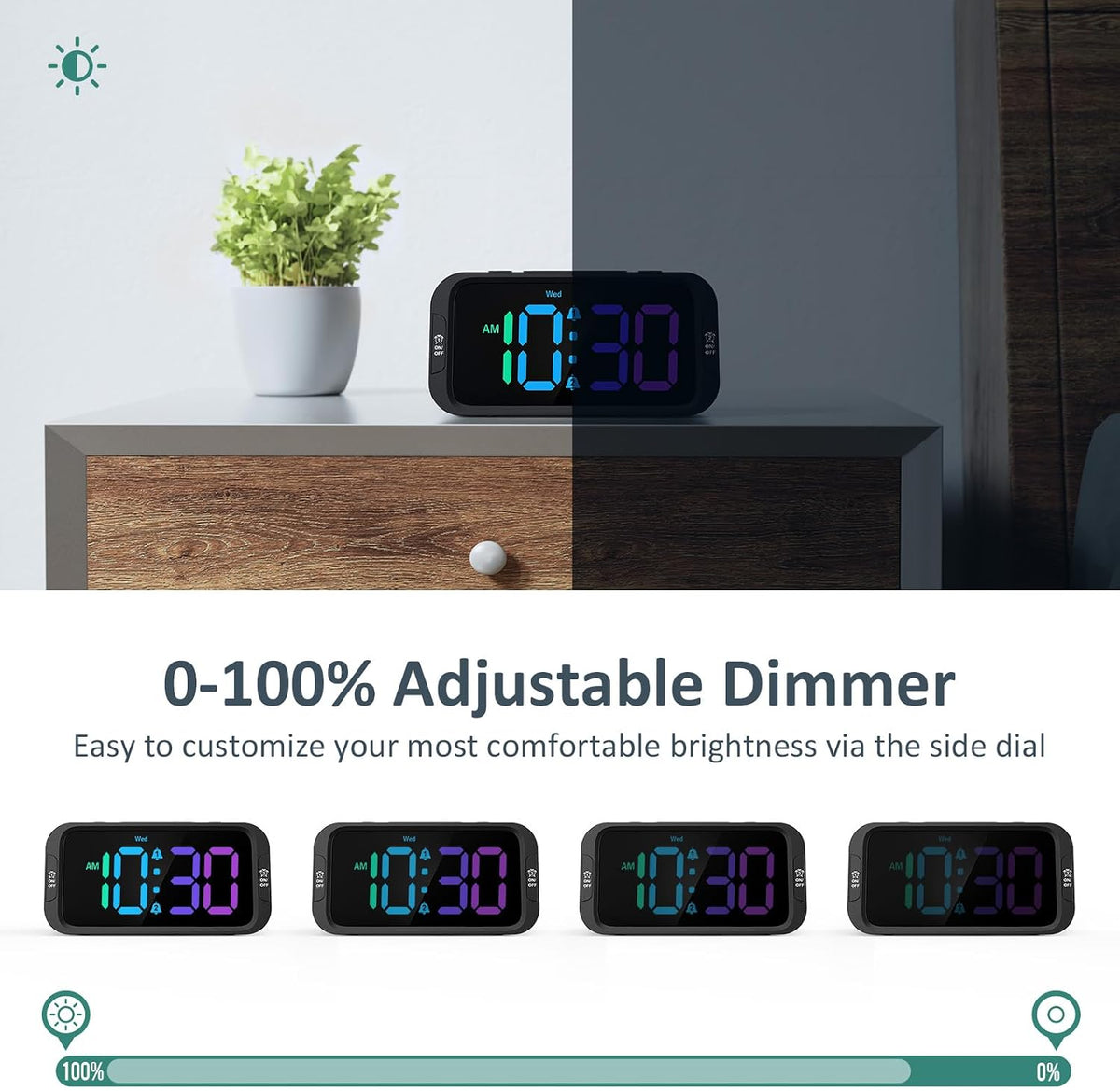 Digital Dual Alarm Clock for Bedroom with 0-100% Dimmable Display