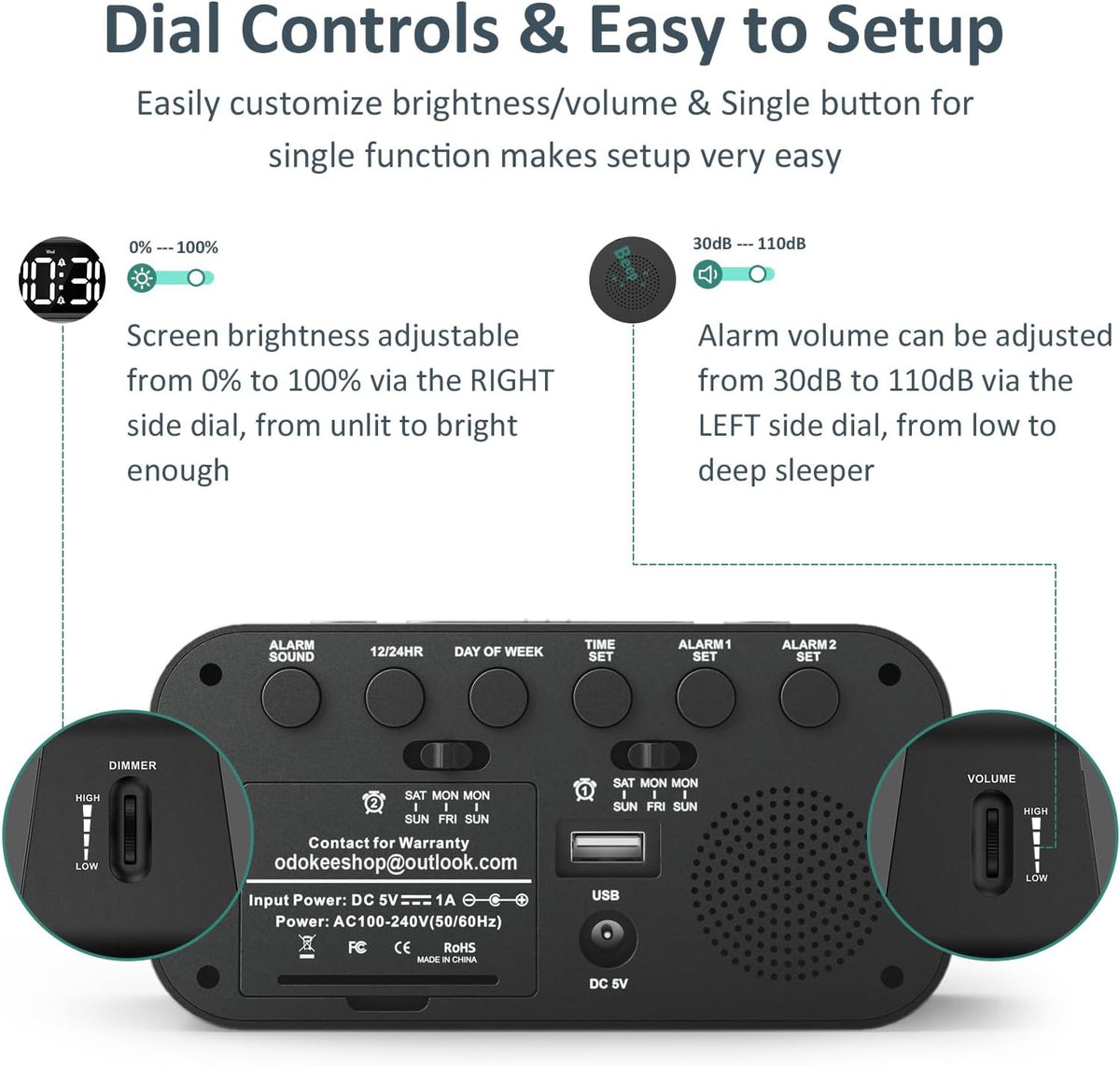 Digital Dual Alarm Clock for Bedroom with 0-100% Dimmable Display