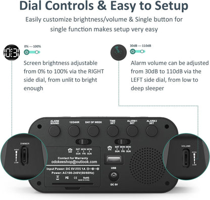 Digital Dual Alarm Clock for Bedroom with 0-100% Dimmable Display