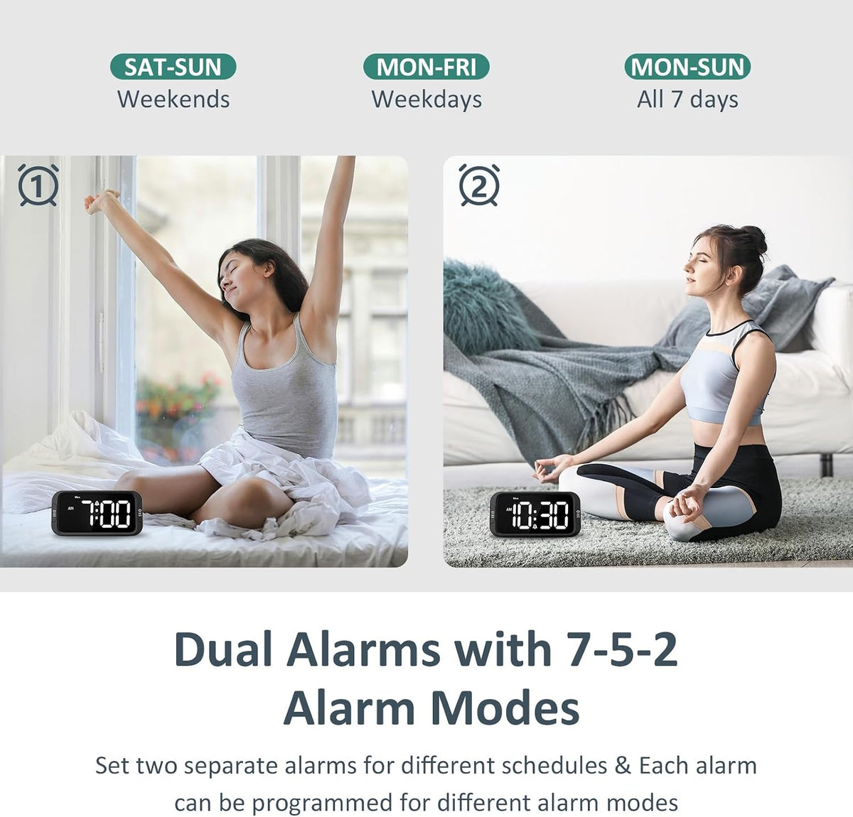 Digital Dual Alarm Clock for Bedroom with 0-100% Dimmable Display