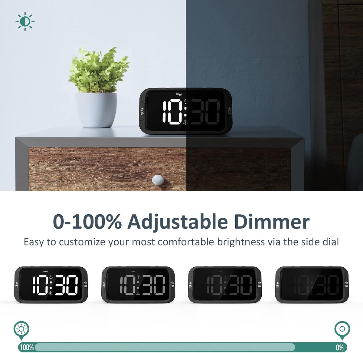 Digital Dual Alarm Clock for Bedroom with 0-100% Dimmable Display