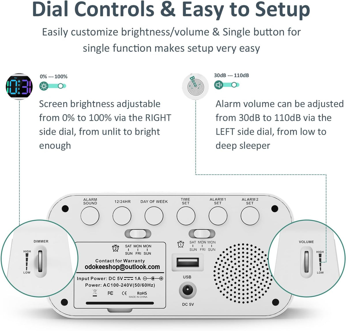 Digital Dual Alarm Clock for Bedroom with 0-100% Dimmable Display