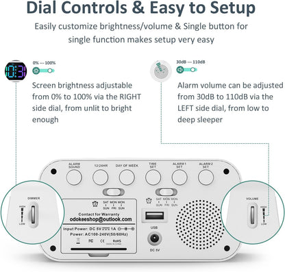 Digital Dual Alarm Clock for Bedroom with 0-100% Dimmable Display