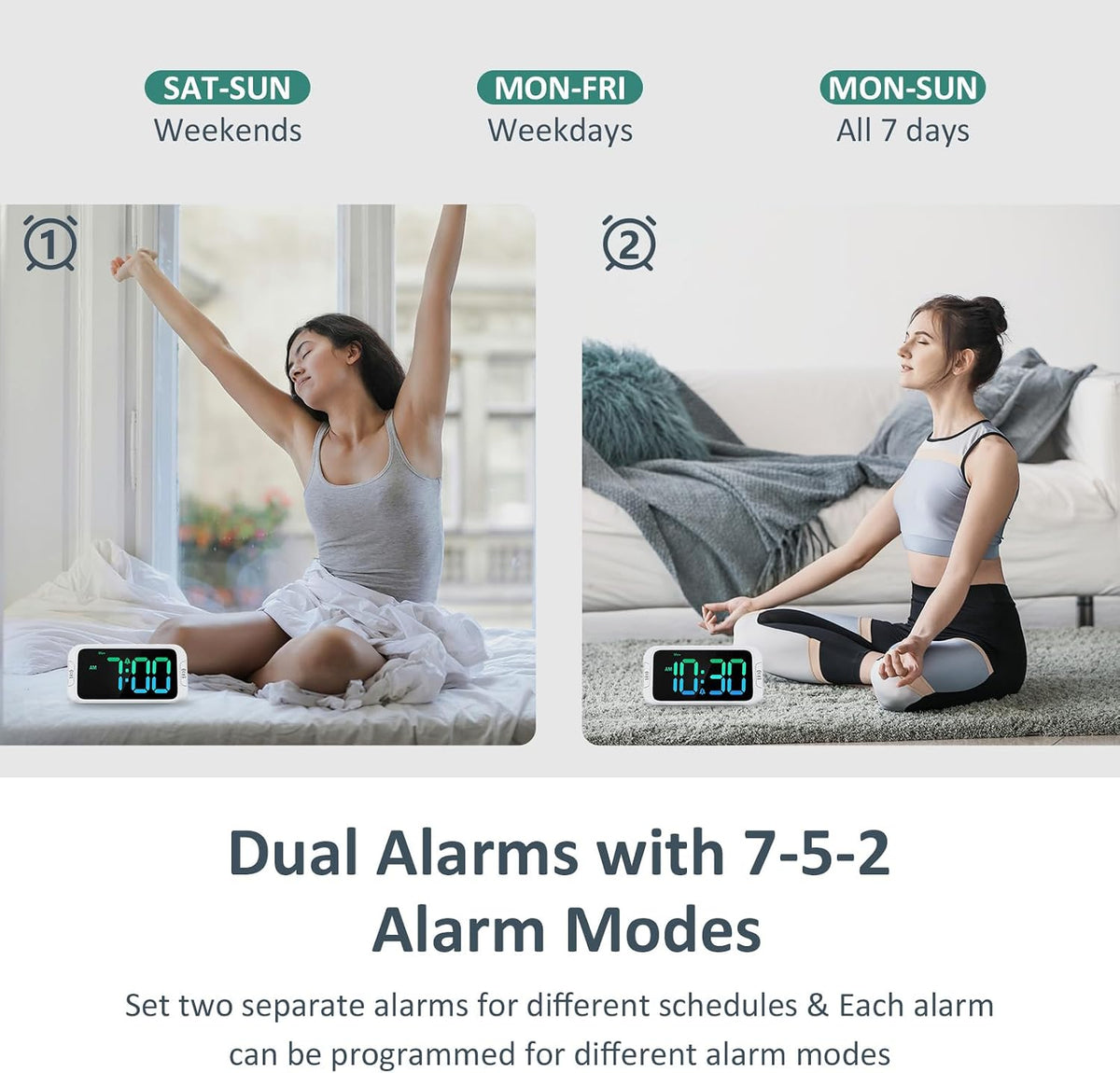 Digital Dual Alarm Clock for Bedroom with 0-100% Dimmable Display