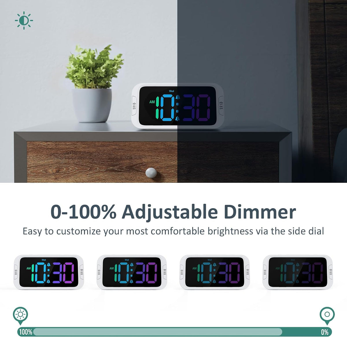Digital Dual Alarm Clock for Bedroom with 0-100% Dimmable Display