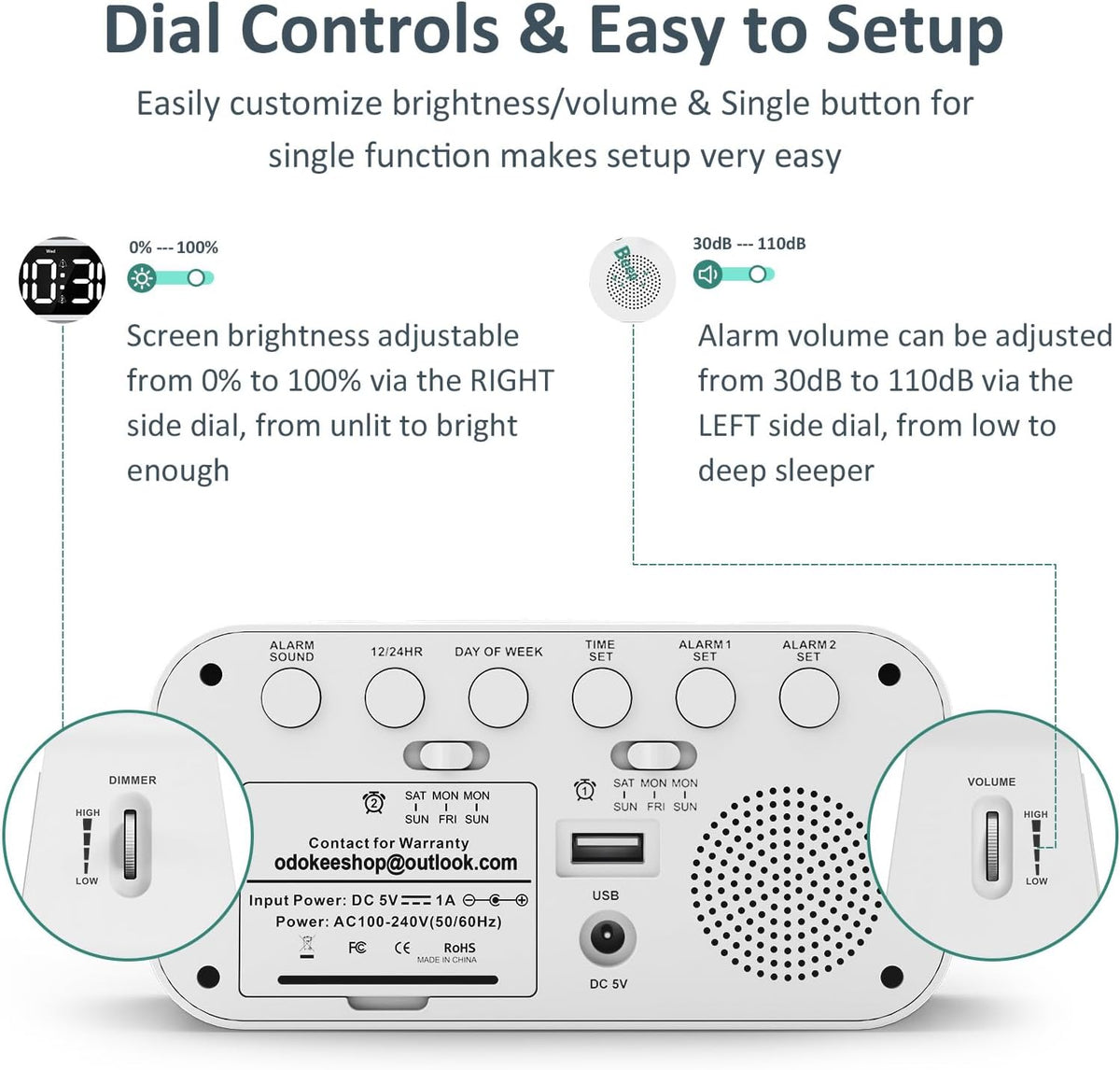 Digital Dual Alarm Clock for Bedroom with 0-100% Dimmable Display