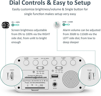 Digital Dual Alarm Clock for Bedroom with 0-100% Dimmable Display