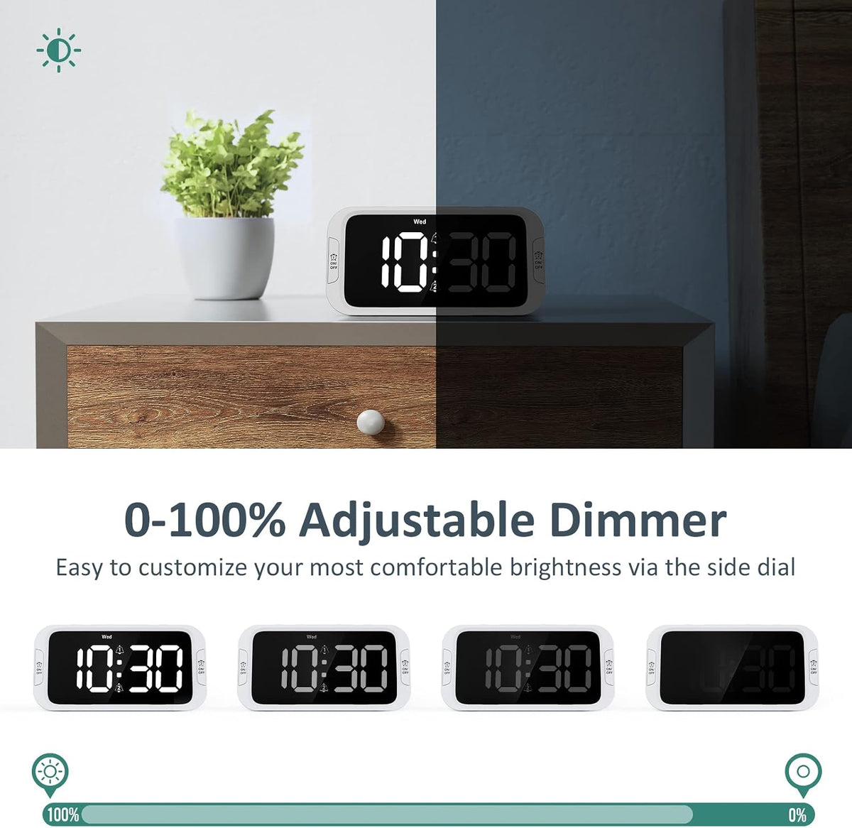 Digital Dual Alarm Clock for Bedroom with 0-100% Dimmable Display