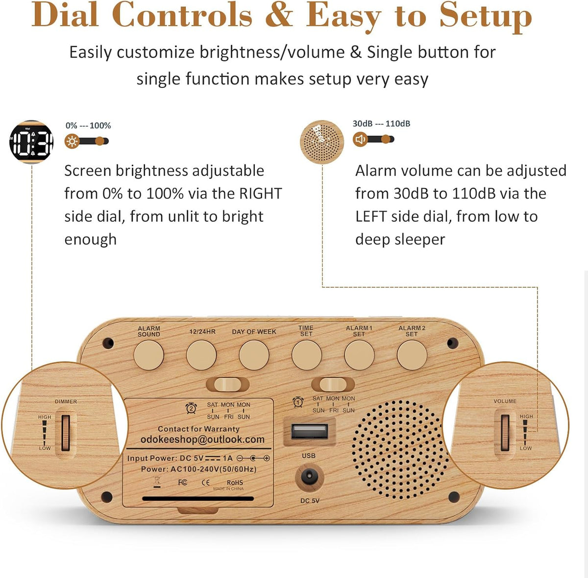 Digital Dual Alarm Clock for Bedroom with 0-100% Dimmable Display