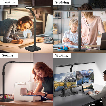 LED Desk Lamp for Home Office, 24W Bright Desk Lamp with Phone Holder Base - 25 Lighting Modes Eye-Caring Desk Light Adjustable Gooseneck Lamp for Workbench Drafting Reading Study