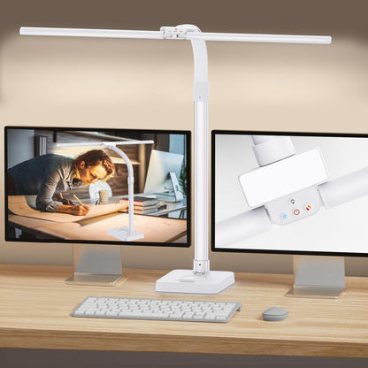LED Desk Lamp for Home Office, 24W Bright Desk Lamp with Phone Holder Base - 25 Lighting Modes Eye-Caring Desk Light Adjustable Gooseneck Lamp for Workbench Drafting Reading Study